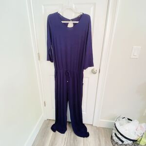 Annabelle 3/4 Sleeve Gathered Waist Navy Knit Jumpsuit with Keyhole Back Lge NWT